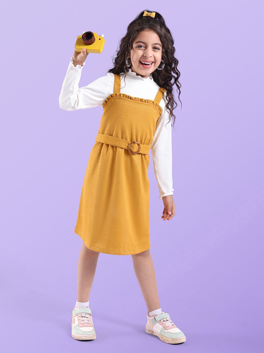 

Hola Bonita Girls Pinafore Dress with Full Sleeve Rib Inner Tee, Mustard