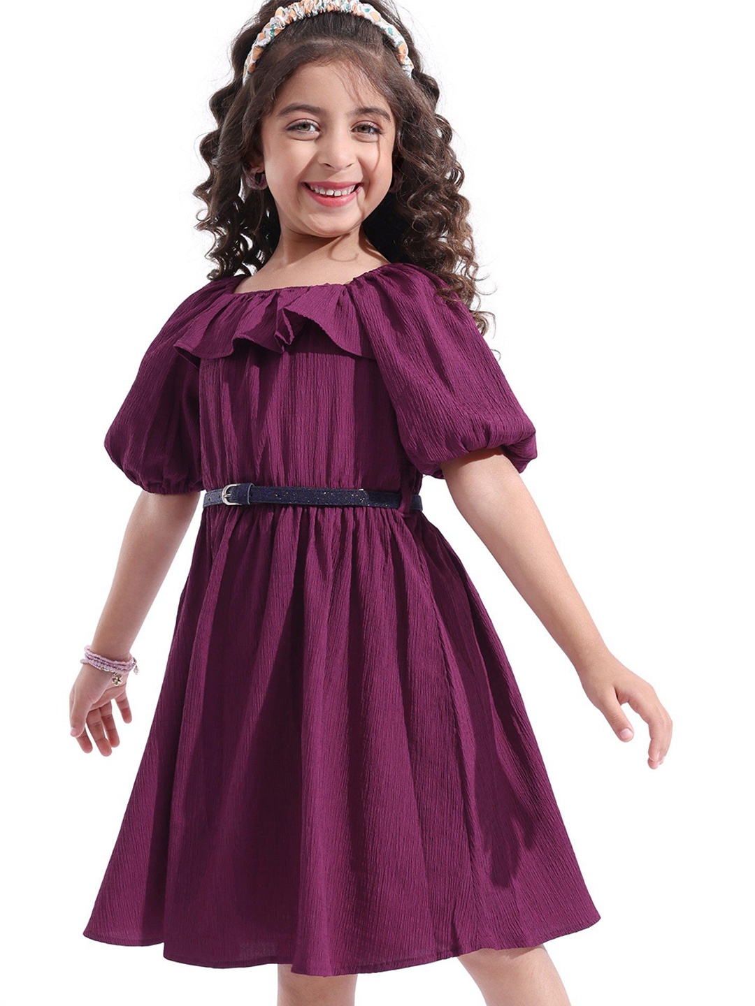 

Hola Bonita Girls Puff Sleeve Fit & Flare Dress With Belt, Purple