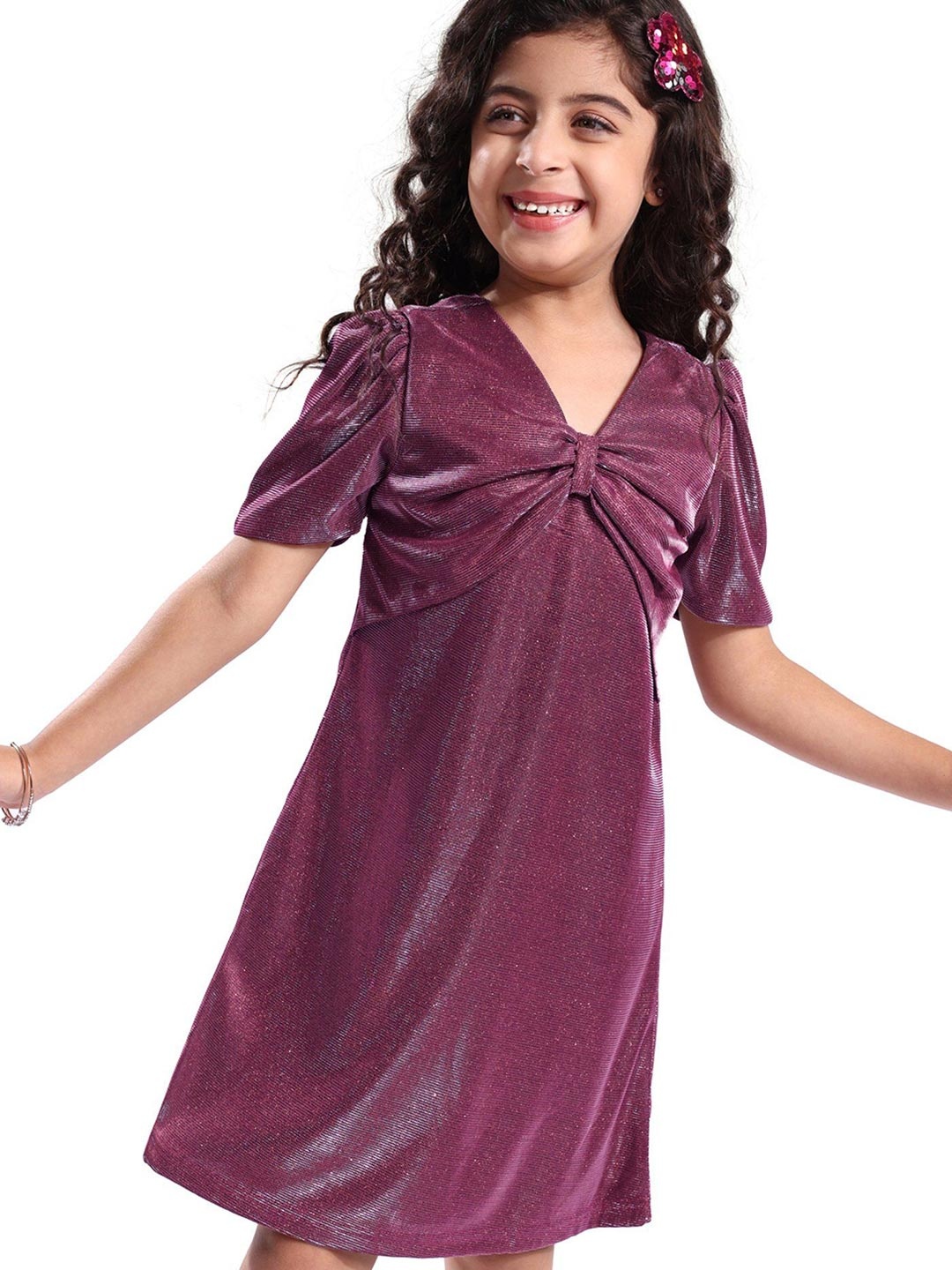 

Hola Bonita Girls Self Design V-Neck Knee Length A-Line Dress, Magenta