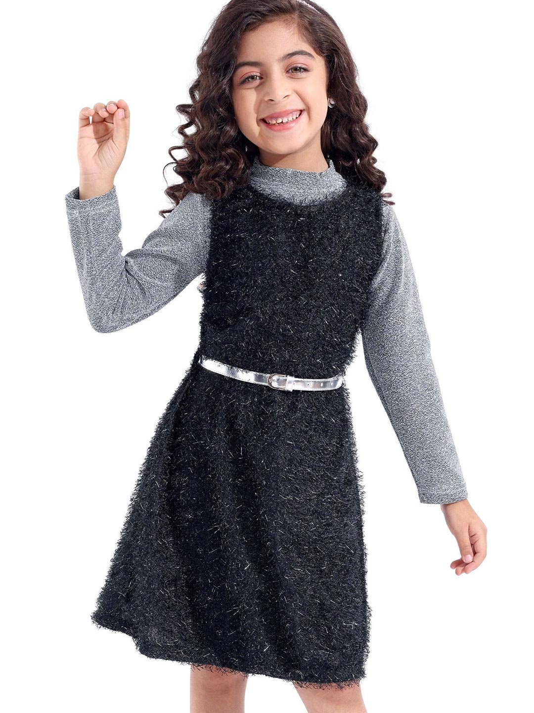 

Hola Bonita Girls Self Design A - Line Dress with A Belt, Black