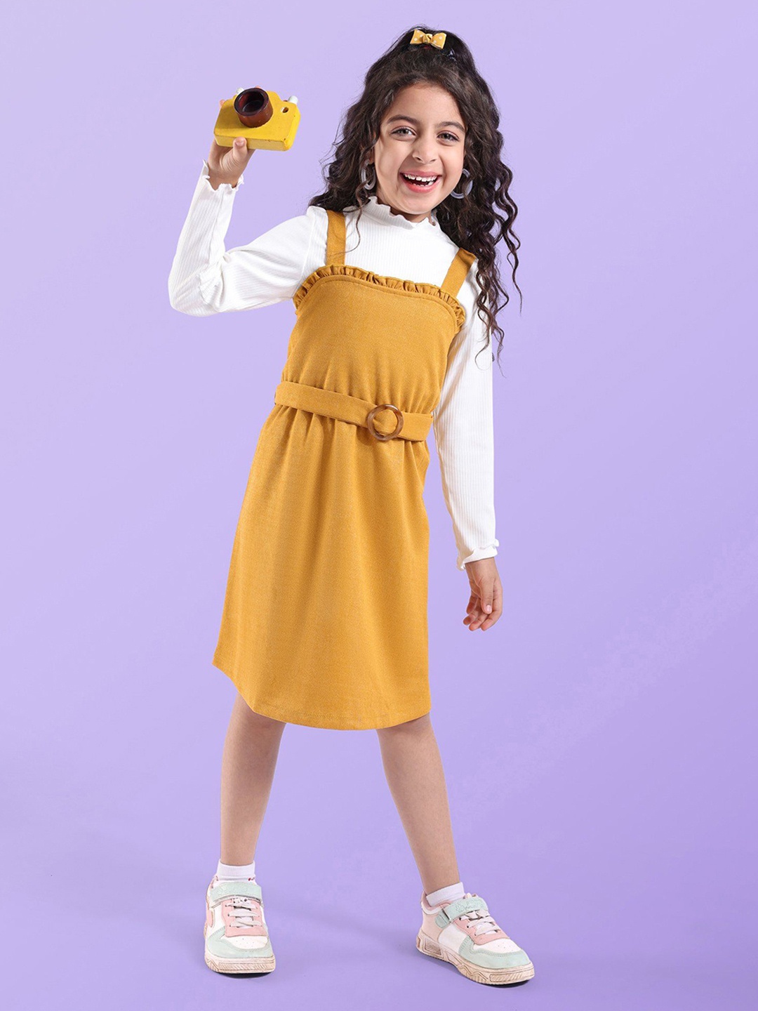 

Hola Bonita Girls Shoulder Straps Pinafore Dress With Top, Mustard