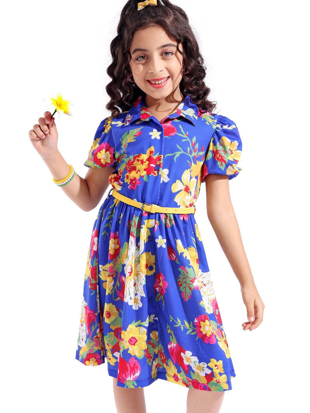 

Hola Bonita Girls Floral Printed Shirt Collar Dress, Blue