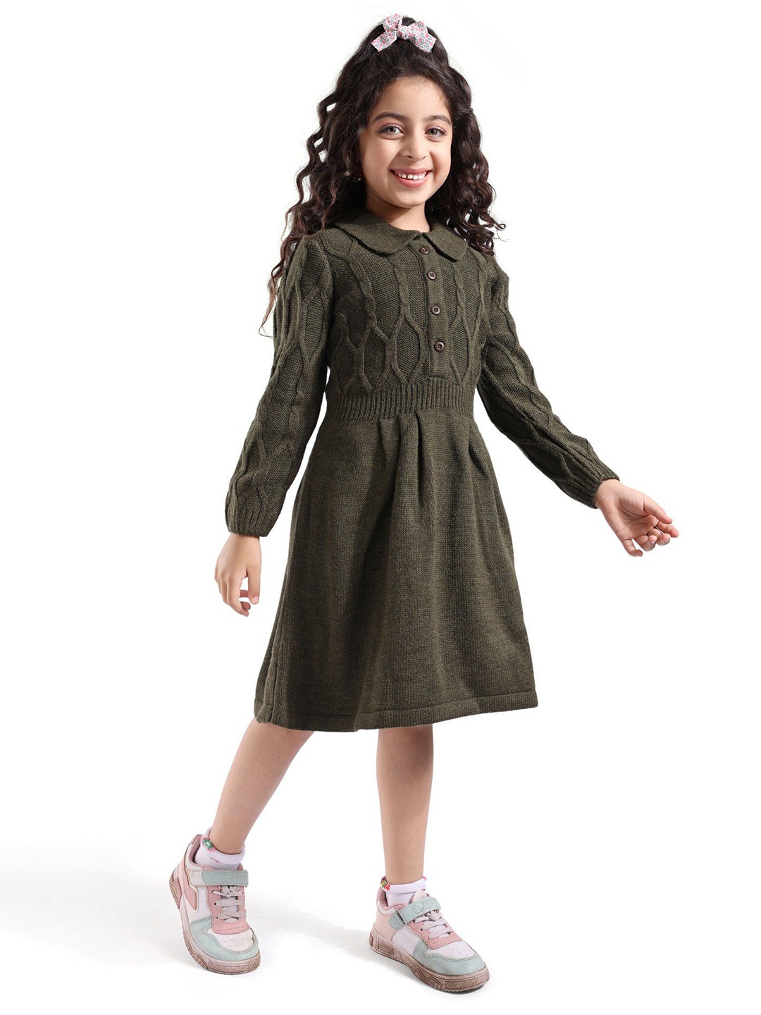 

Hola Bonita Girls Puff Sleeve Jumper Dress, Olive