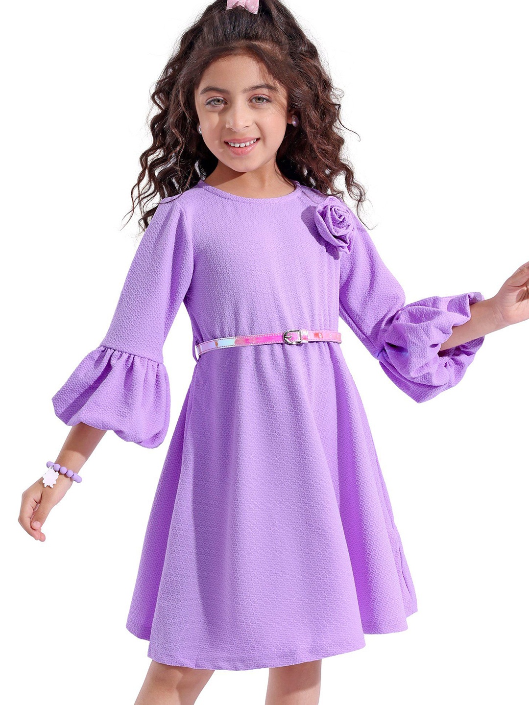 

Hola Bonita Girls Self Design Bell Sleeve Fit & Flare Dress With Belt, Lavender