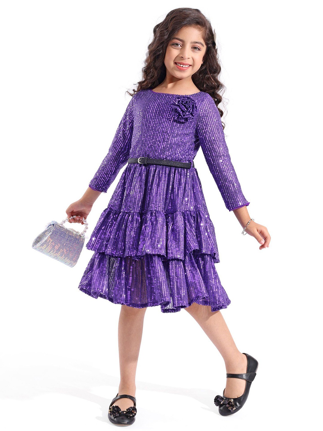 

Hola Bonita Girls Floral Embellished Net Fit - Flare Dress, Purple