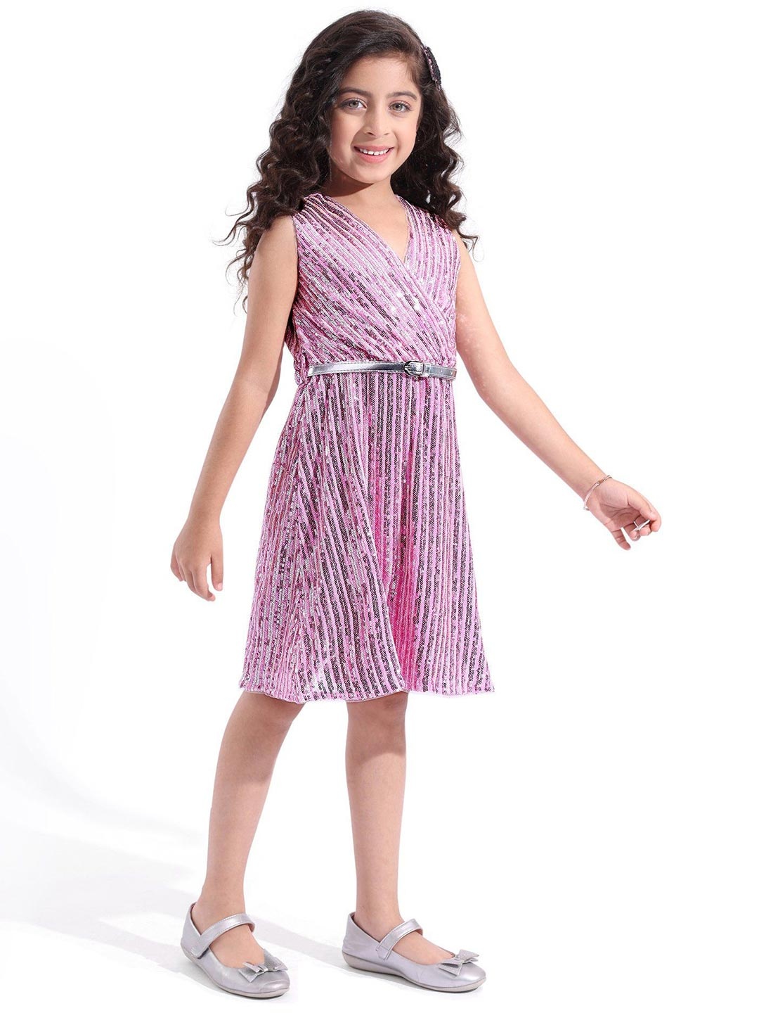 

Hola Bonita Girls Striped Sequined Embellished Net Dress With Belt, Pink