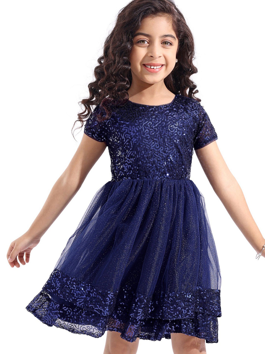 

Hola Bonita Women Embellished Net Fit & Flare Dress, Navy blue