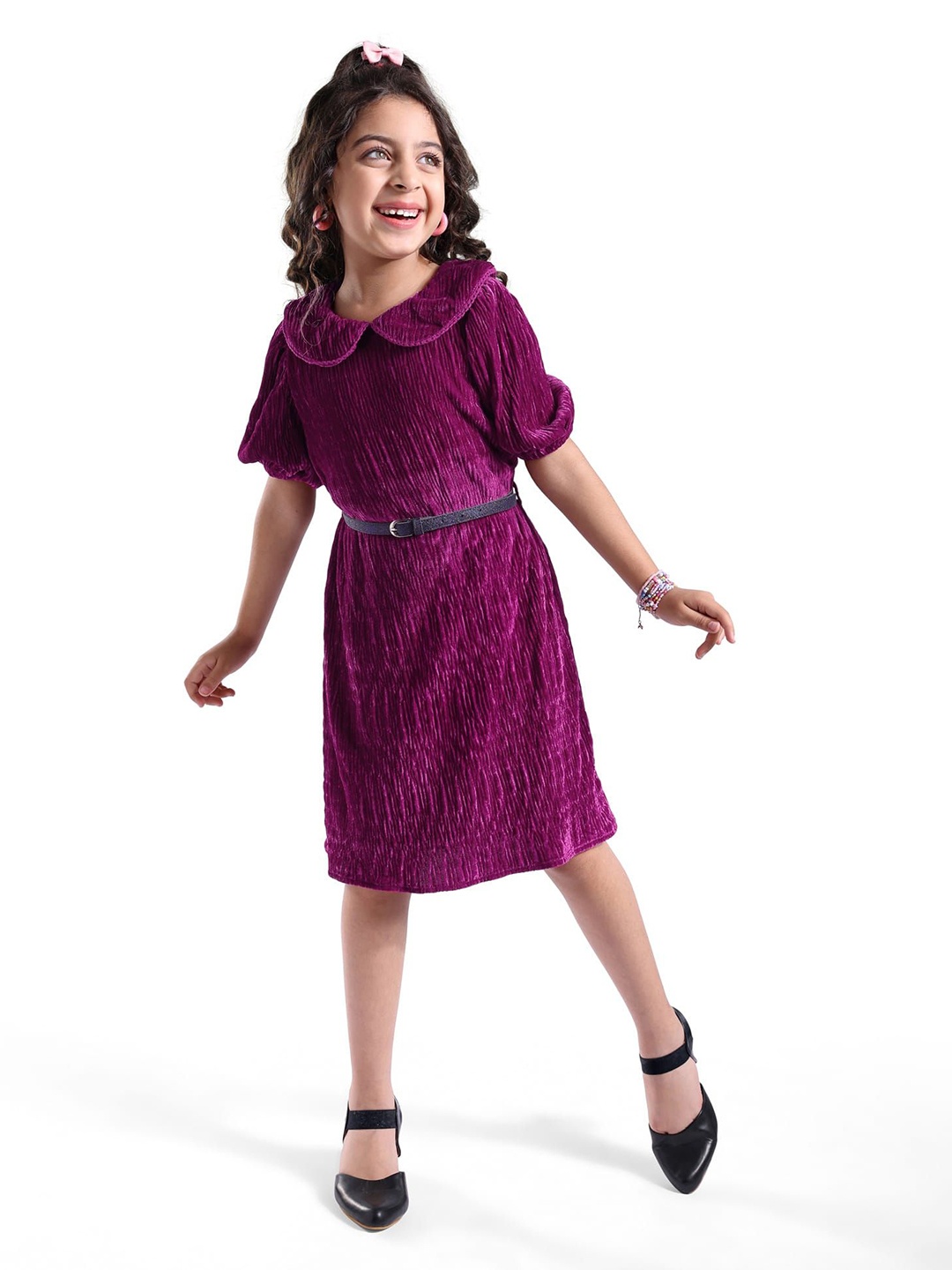 

Hola Bonita Girls Peter Pan Collar Short Sleeves Sheath Velvet Dress Comes with a belt, Purple