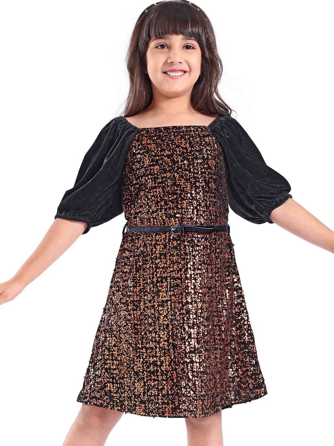 

Hola Bonita Girls Embellished Sequined Fit & Flare Dress Comes with a belt, Black