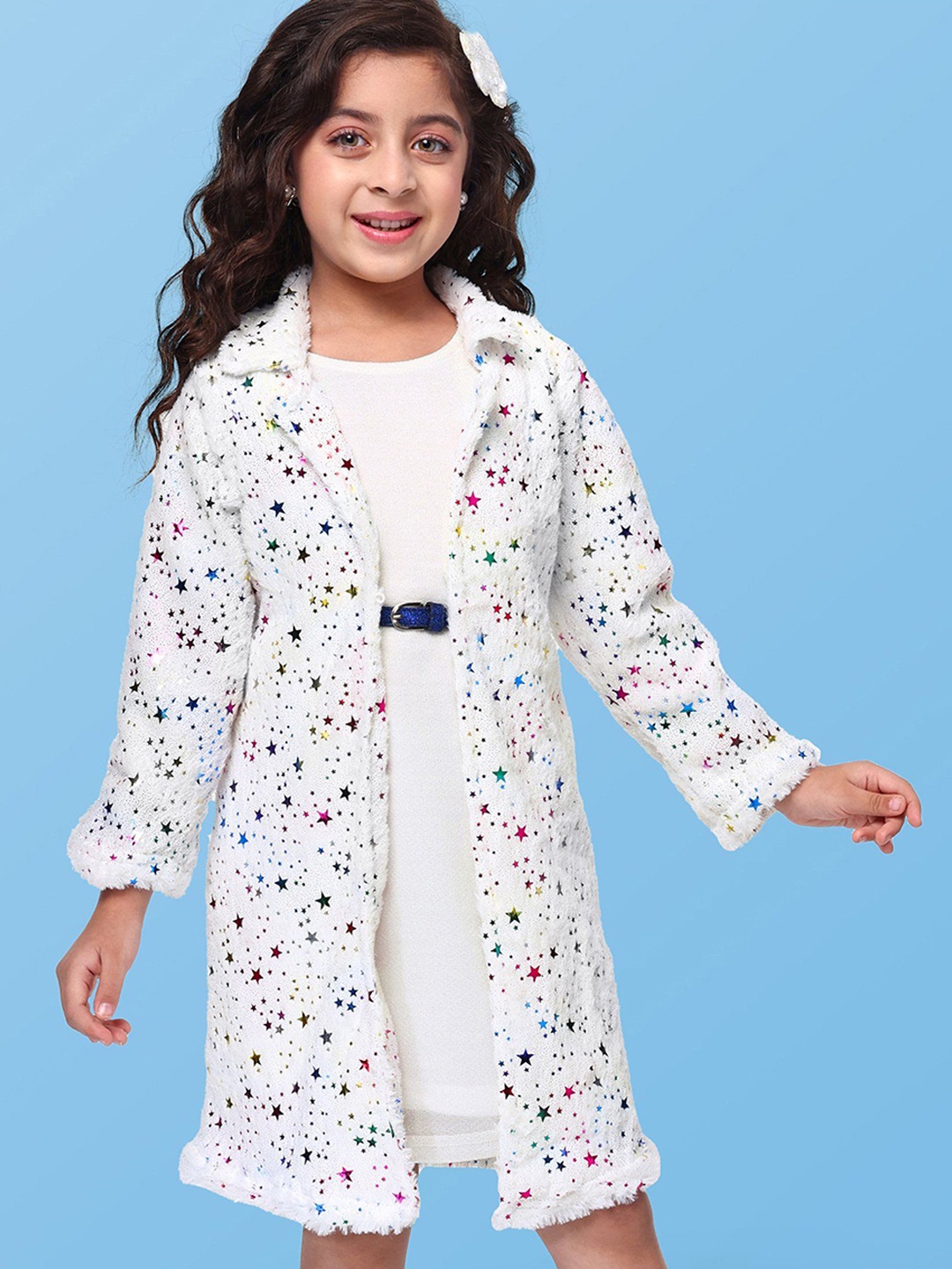 

Hola Bonita Girls Self Design A-Line Dress With Jacket & Belt, White