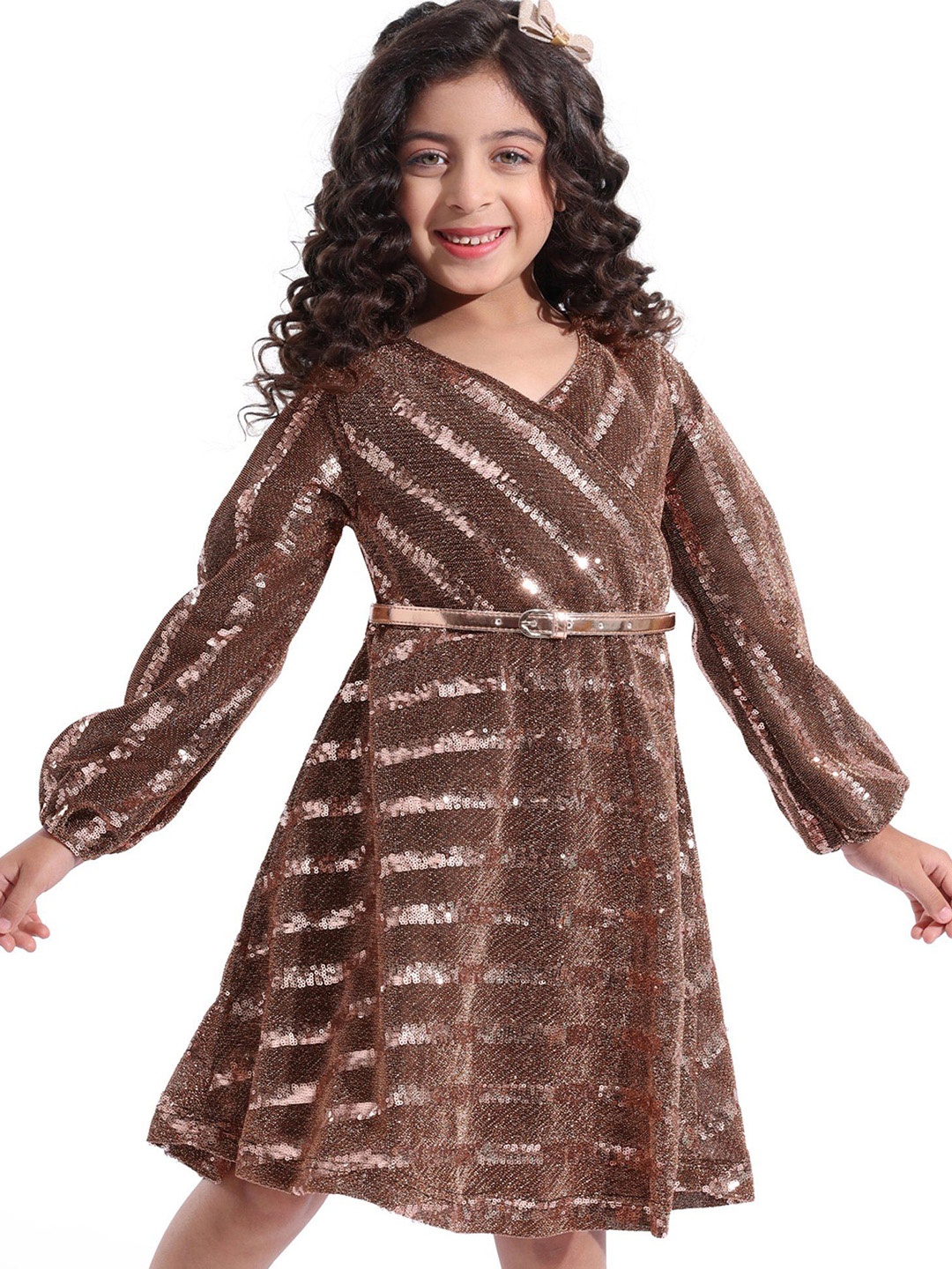 

Hola Bonita Girls Embellished Sequined Wrap Dress With Belt, Copper