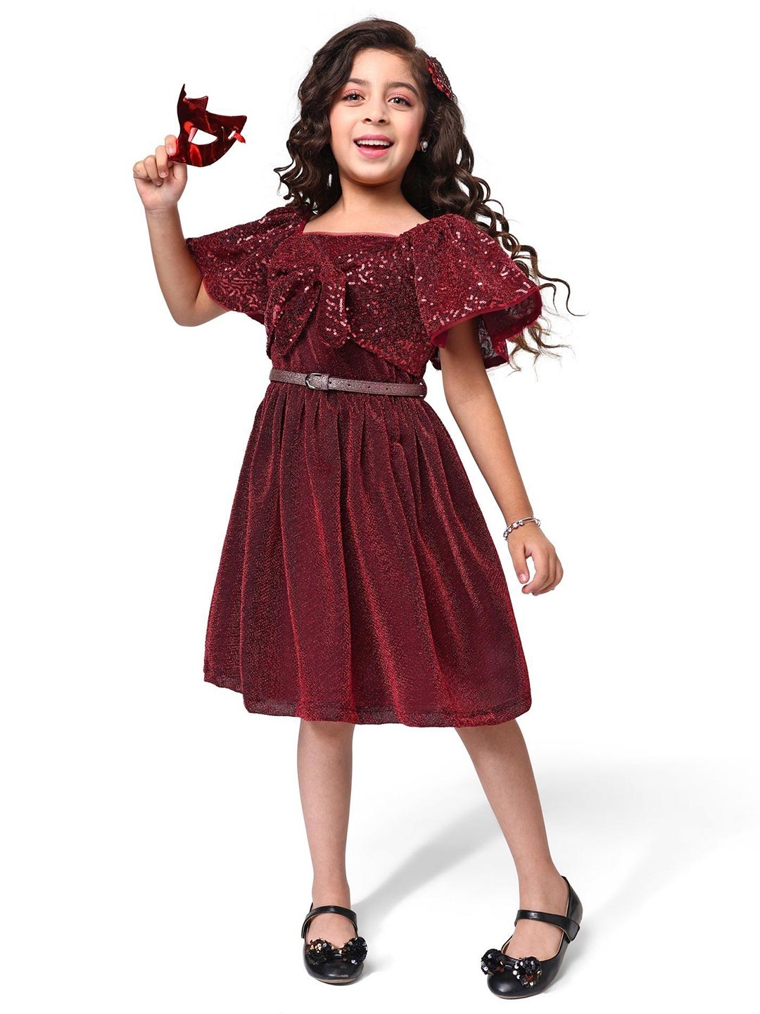 

Hola Bonita Girls Embellished Flutter Sleeve Fit & Flare Dress, Red