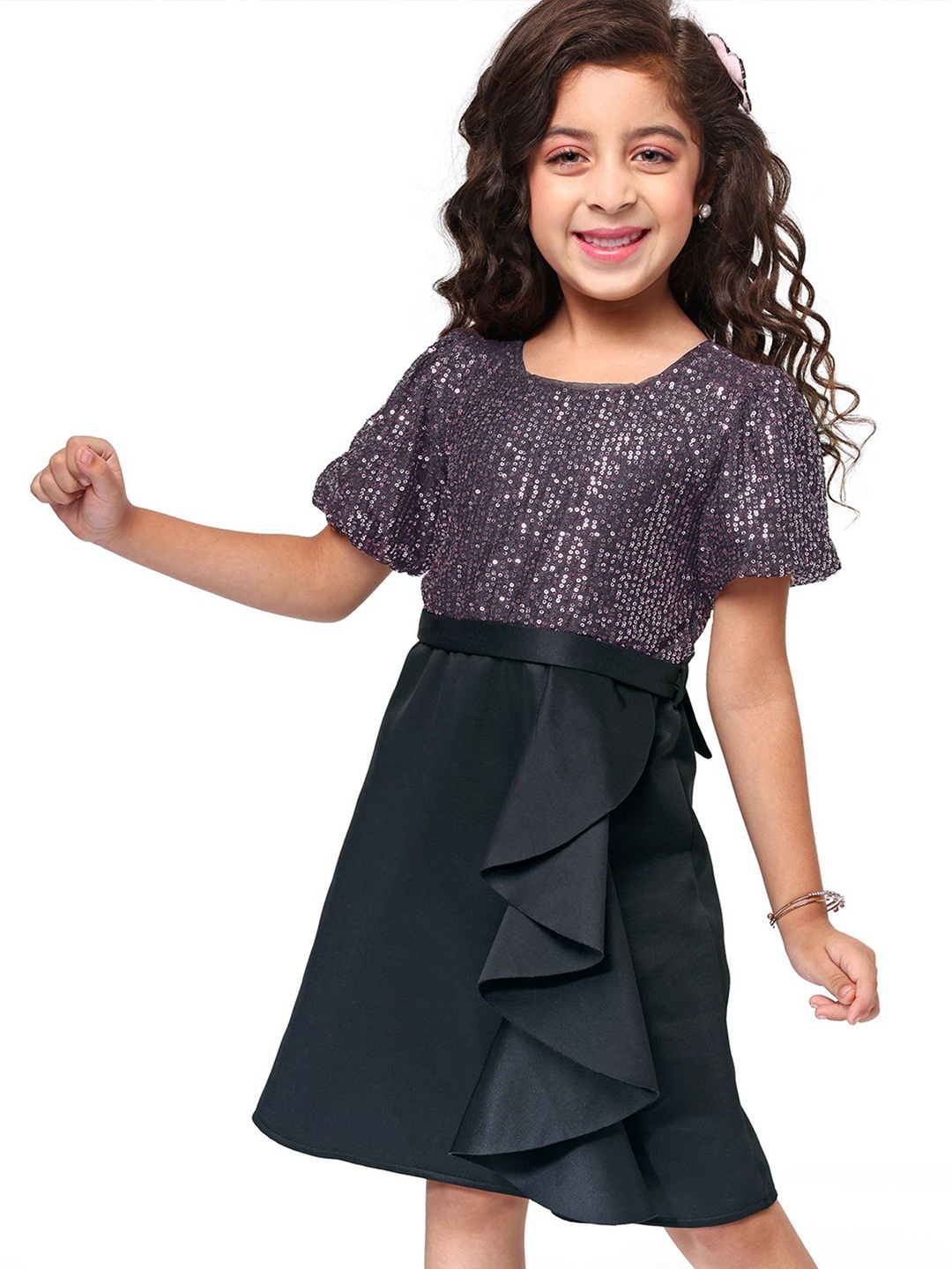 

Hola Bonita Girls Sequined Ruffles A Line Dress, Black