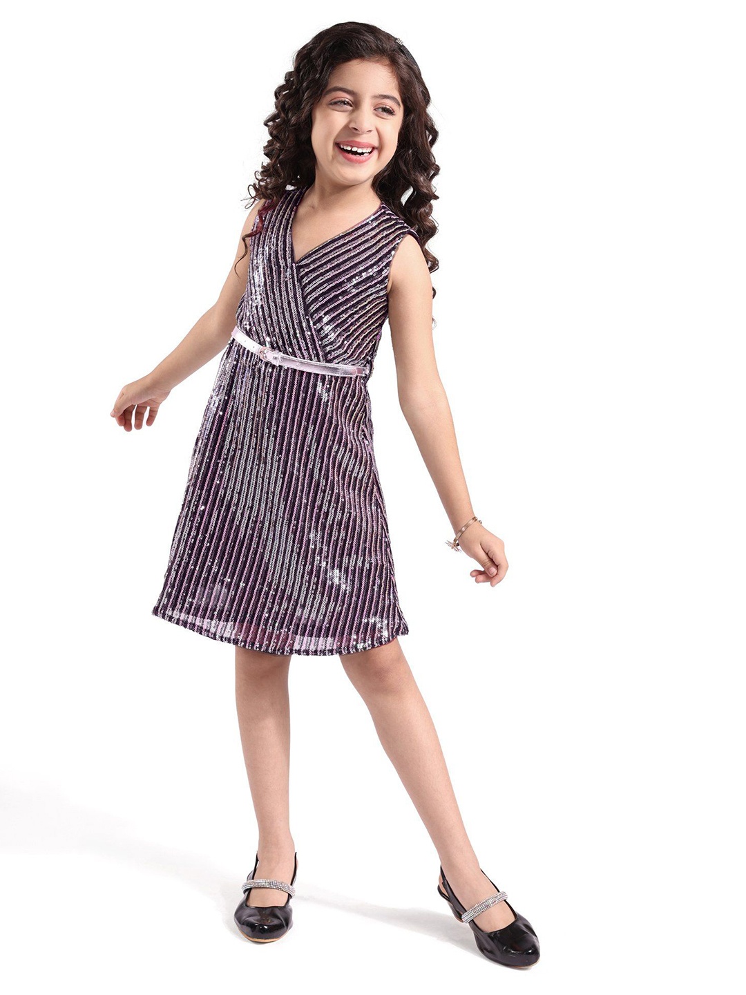 

Hola Bonita Girls Striped Sequined Dress Comes with a belt, Black