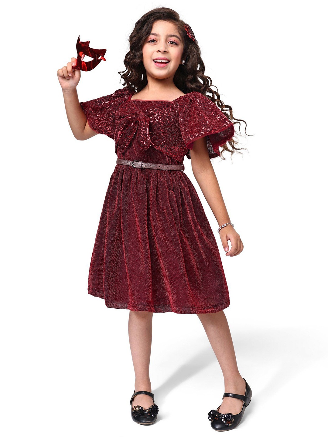 

Hola Bonita Girls Embellished Flared Sleeve Net Fit & Flare Dress With Belt, Red