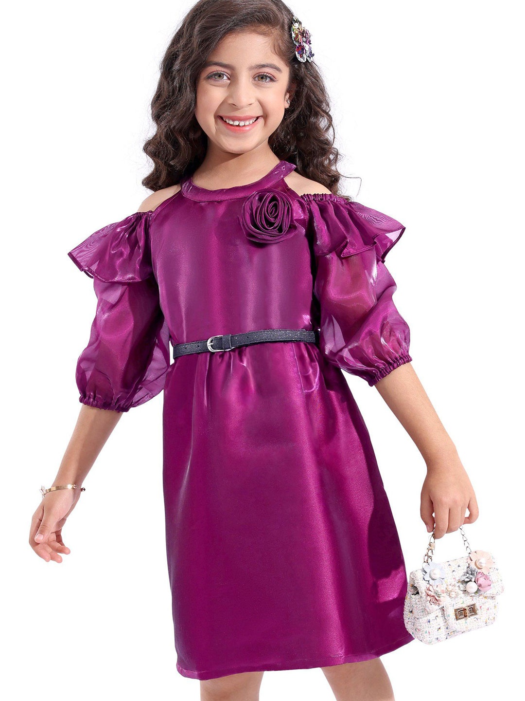 

Hola Bonita Girls Cold-Shoulder Sleeves A - Line Dress, Purple