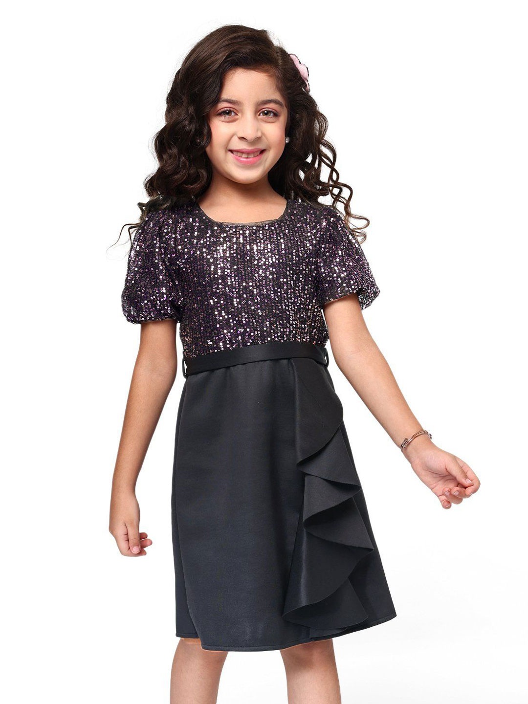 

Hola Bonita Girls Sequined A-Line Dress With Scuba Ruffled, Black