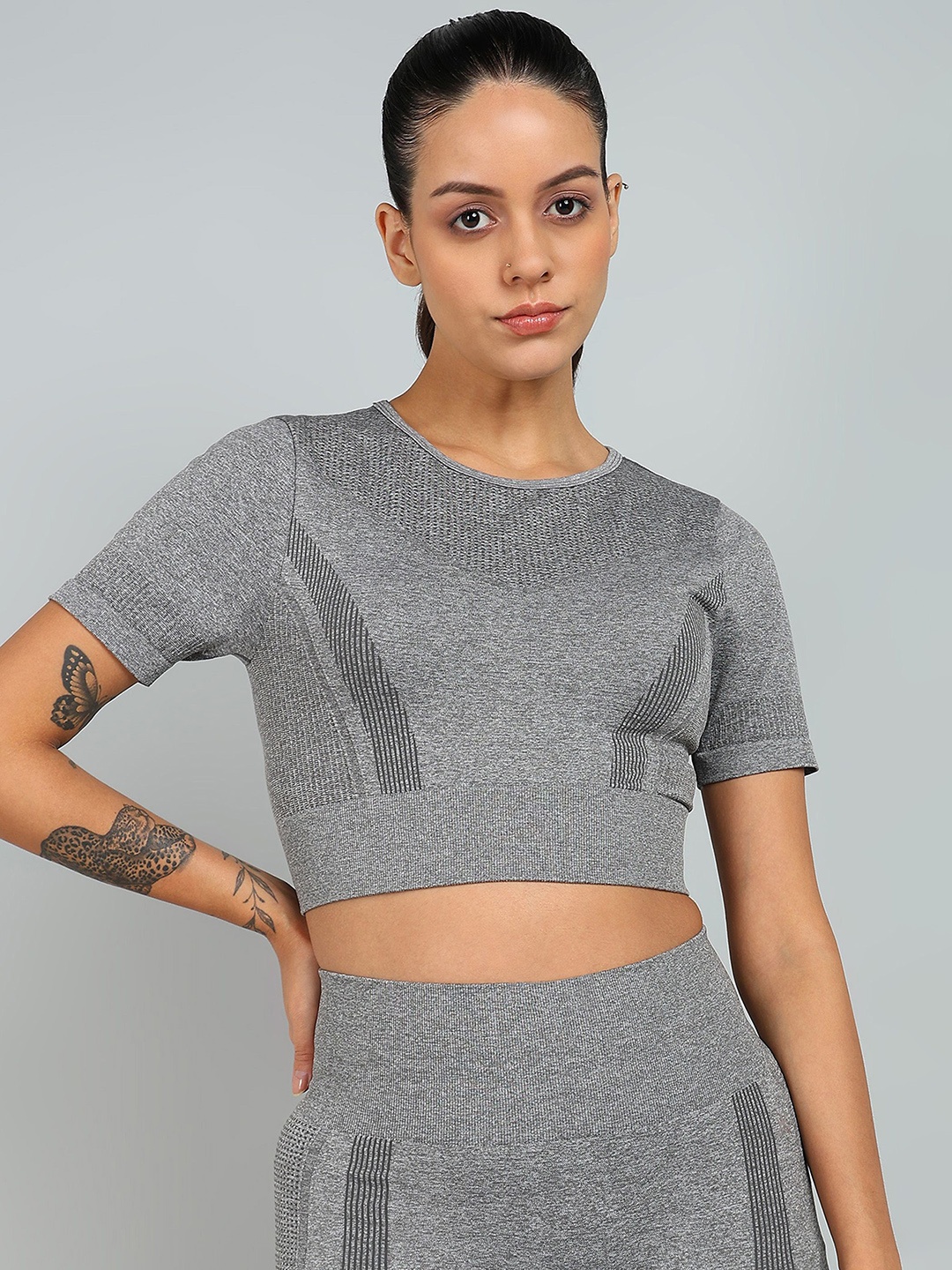 

KOBO Round Neck Self Design Top With Shorts, Grey