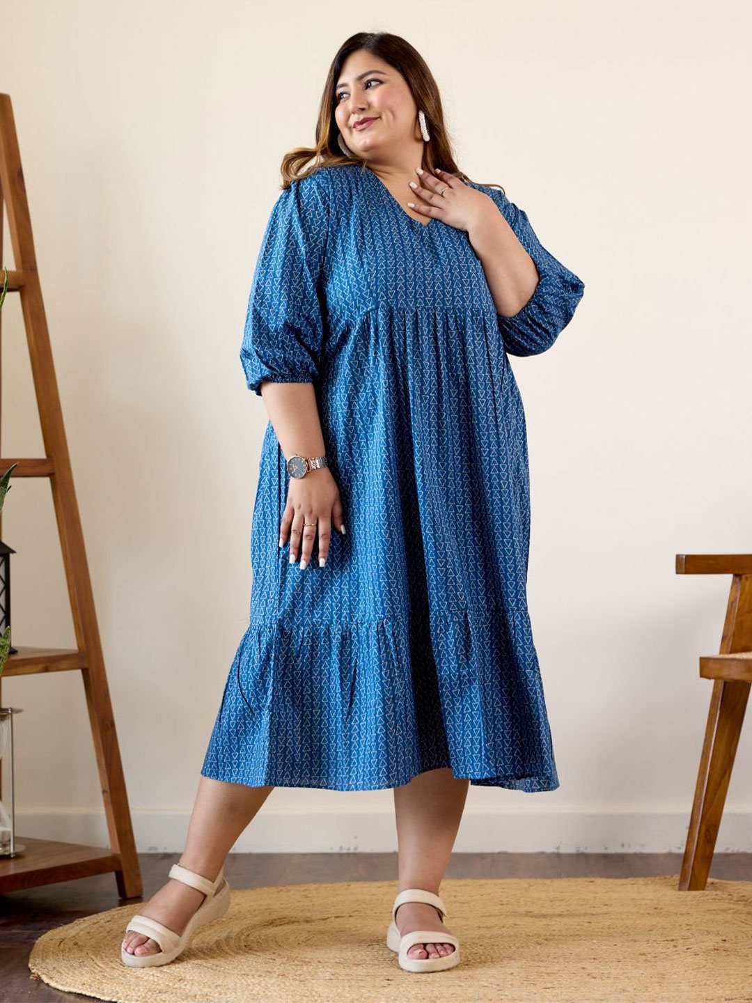 

NANGALIA RUCHIRA Geometric Print Tiered Dress, Blue
