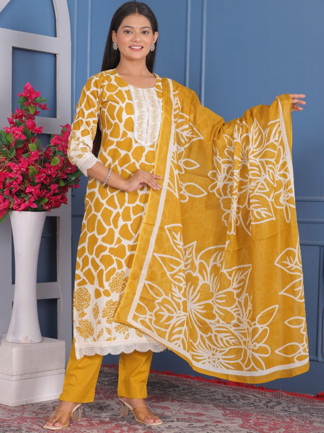 

KALINI Floral Printed Pure Cotton Straight Kurta with Trousers & Dupatta, Mustard