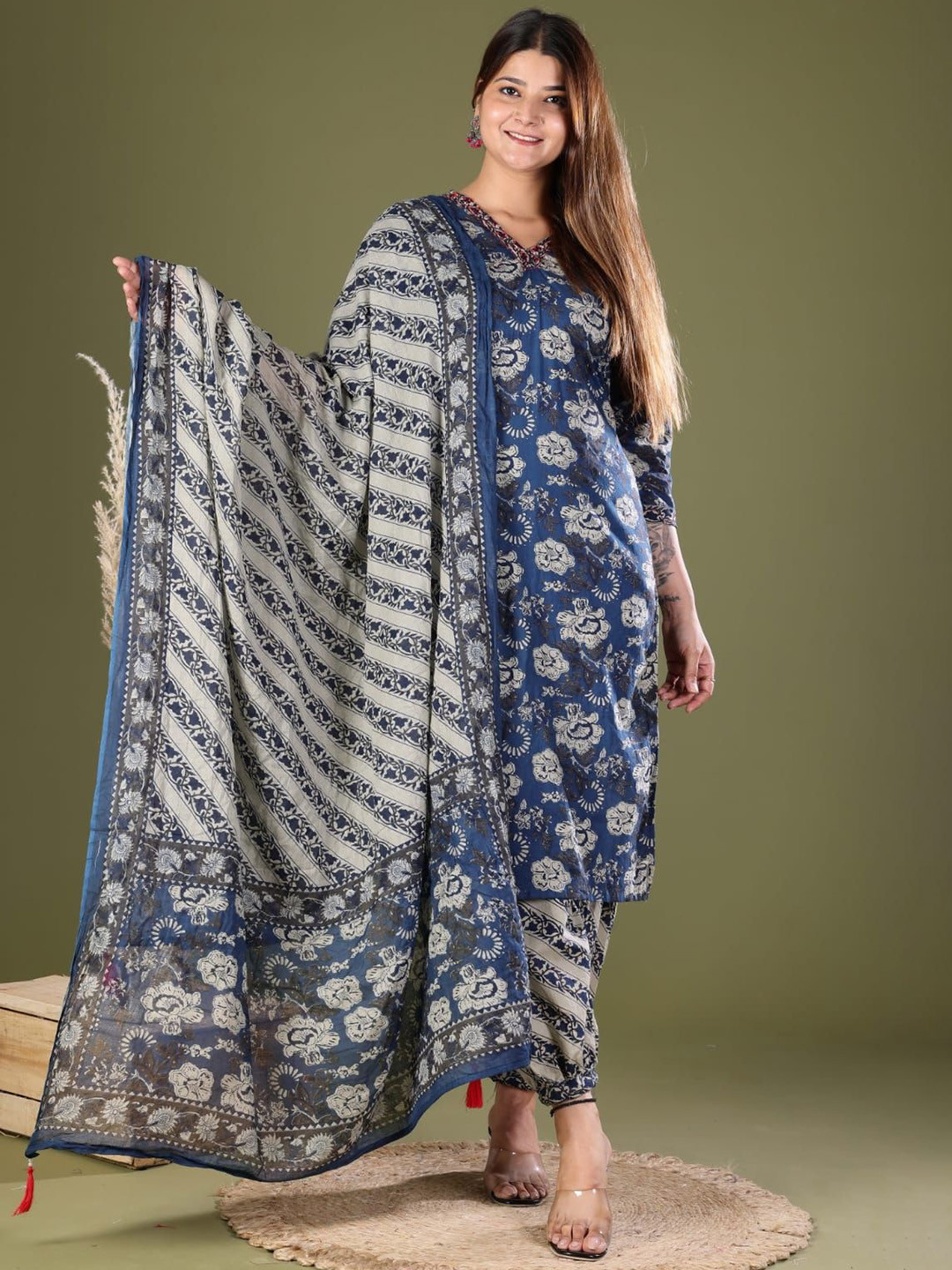 

KALINI Floral Printed V-Neck Pure Cotton A-Line Kurta With Trousers & Dupatta, Navy blue
