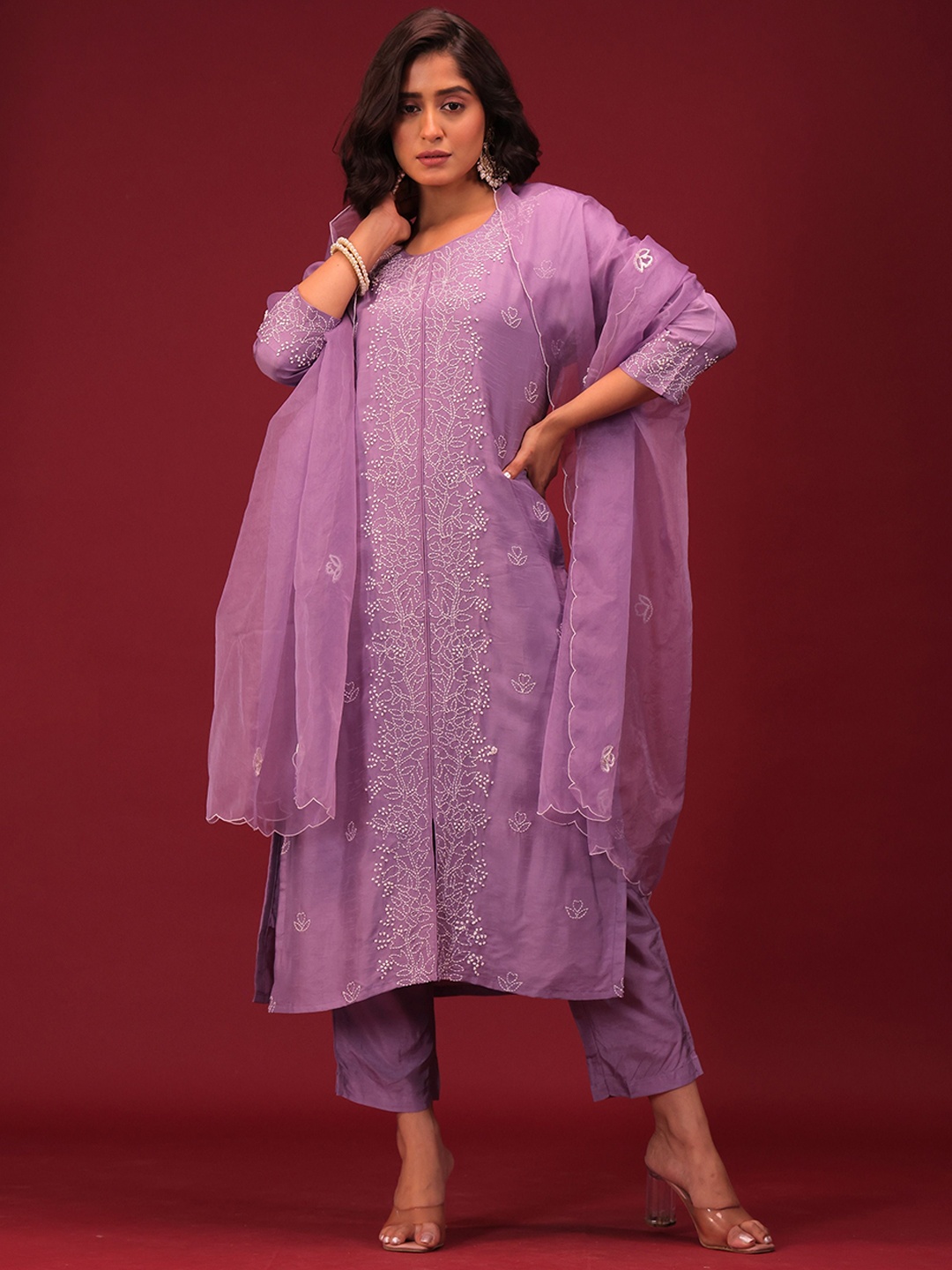 

ORAT Floral Embroidered Kantha Work Pure Silk Straight Kurta with Trouser & Dupatta, Purple