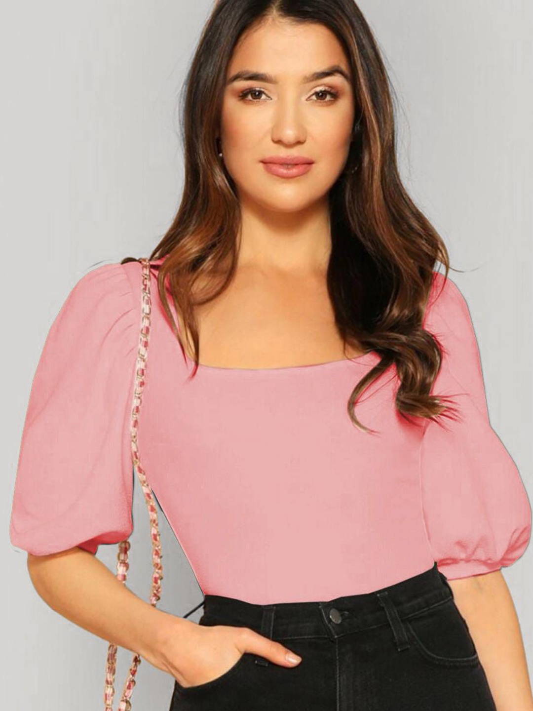 

Dream Beauty Fashion Solid Puff Sleeve Square Neck Top, Peach