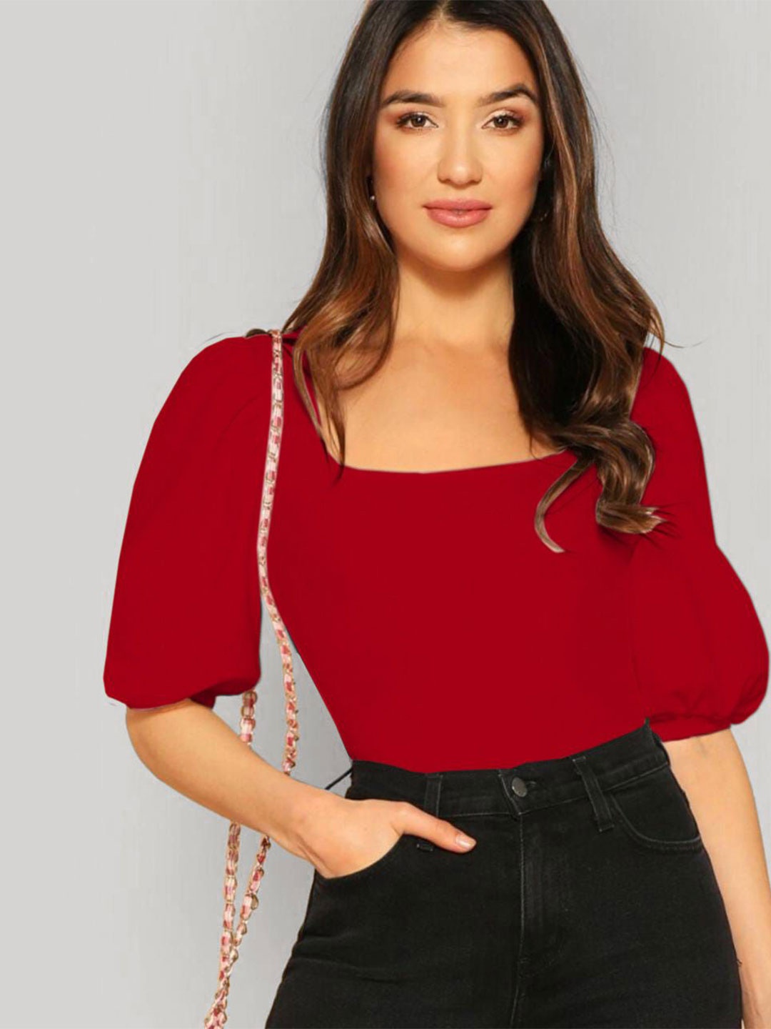 

Dream Beauty Fashion Women Puff Sleeve Top, Red