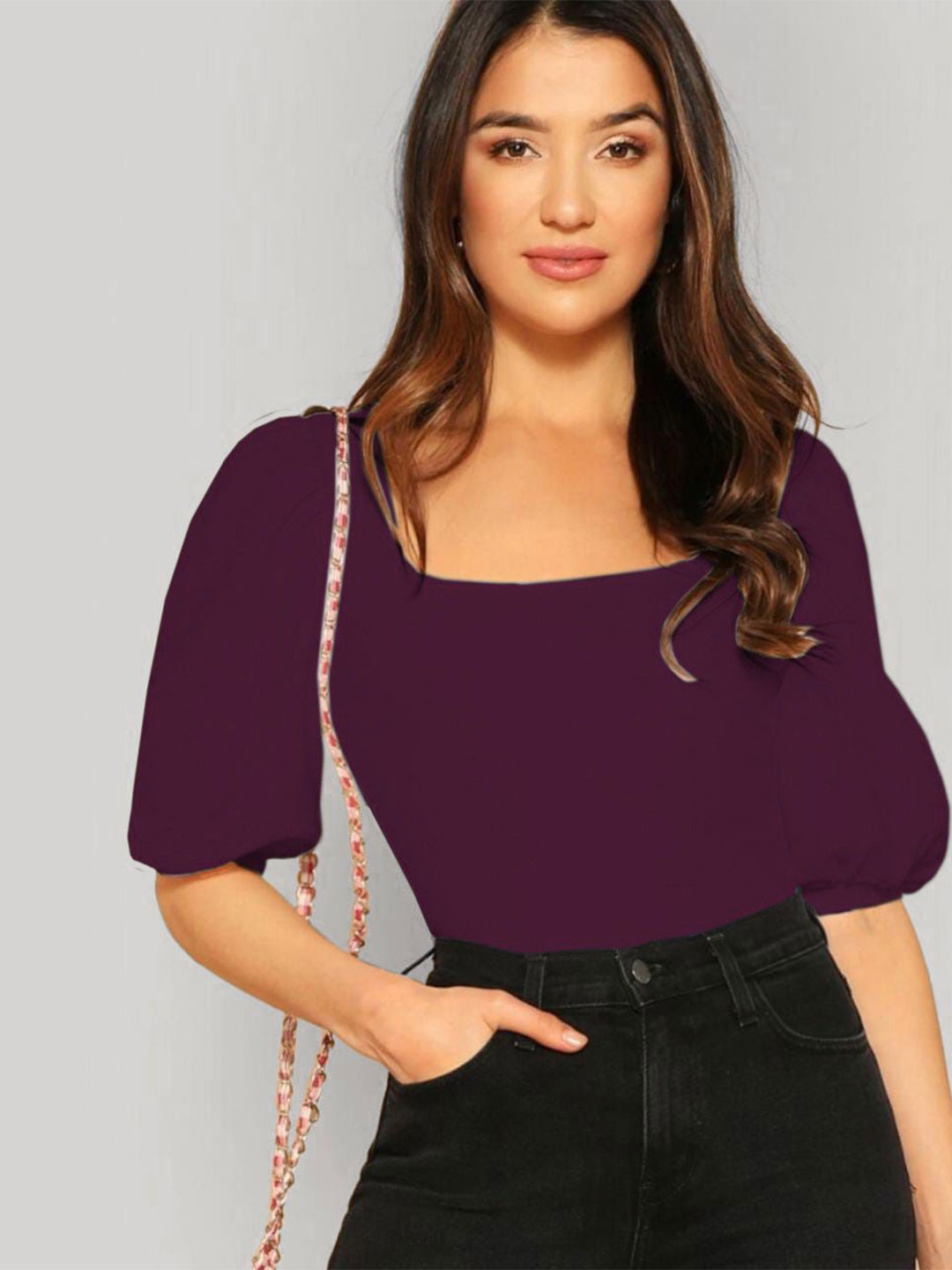 

Dream Beauty Fashion Women Square Neck Puff Sleeve Top, Purple