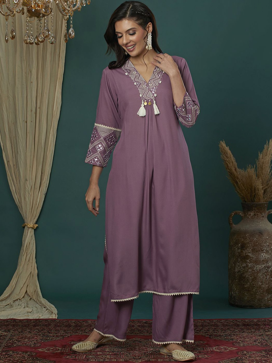 

KALINI Women Regular Mirror Work Kurta with Palazzos, Lavender