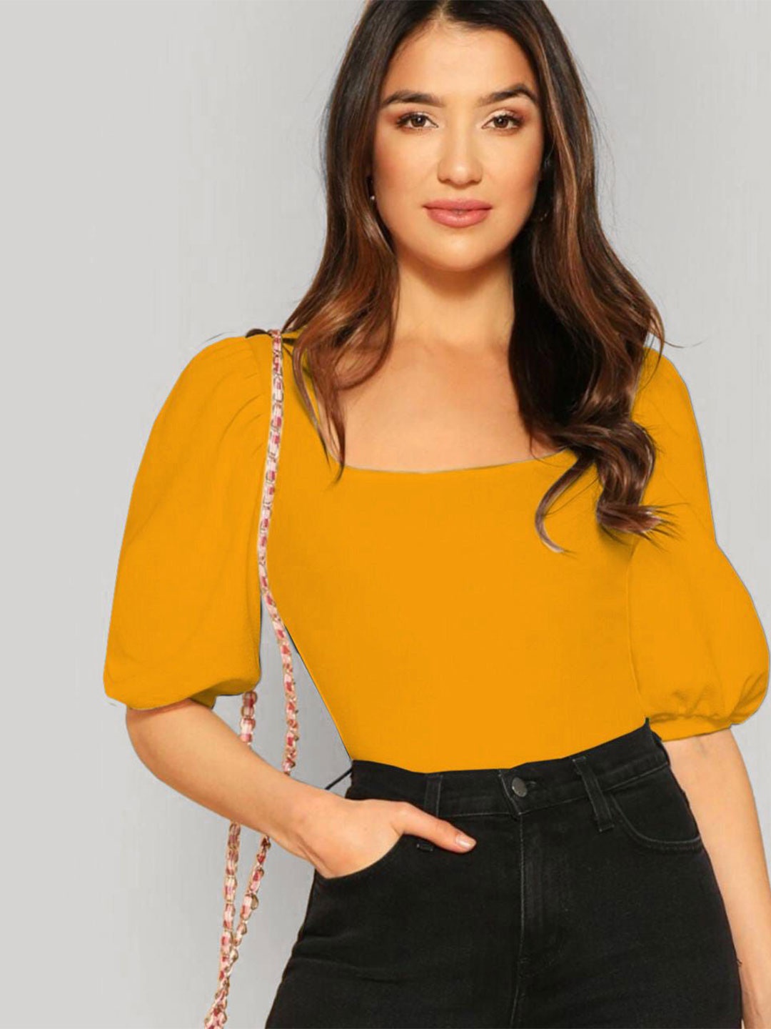 

Dream Beauty Fashion Women Square Neck Puff Sleeve Top, Yellow