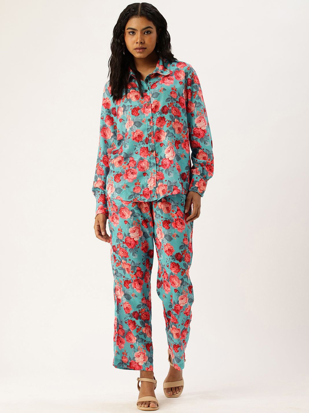 

Vinya Printed Shirt Collar Long Sleeves Pure Cotton Shirt With Trouser, Blue