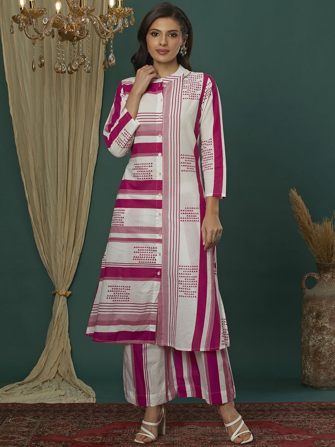 

KALINI Striped Mandarin Collar Pure Cotton A-Line Kurta With Palazzos, Red