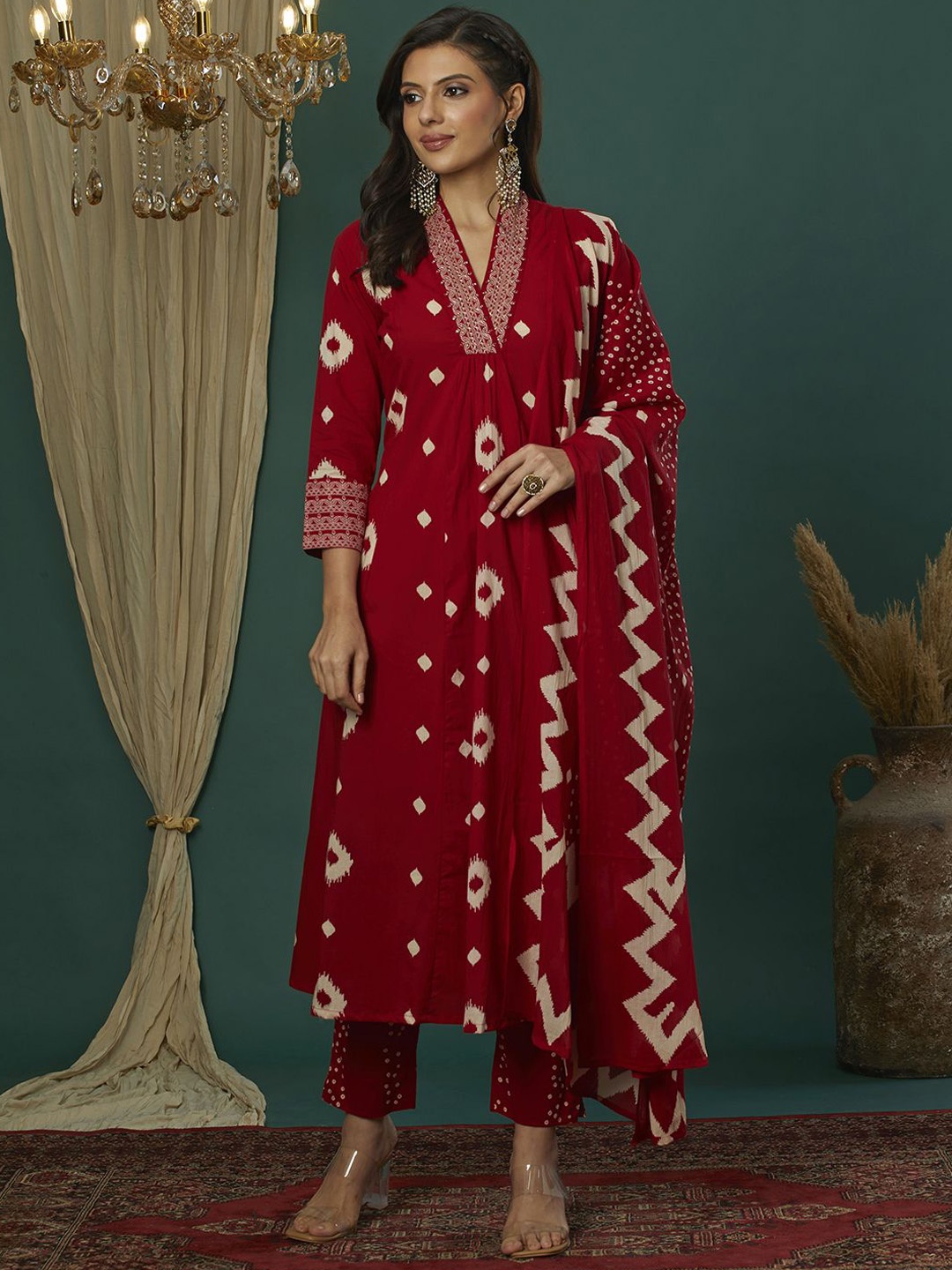 

KALINI Geometric Printed V-Neck Pleated Pure Cotton A-Line Kurta With Trousers & Dupatta, Red