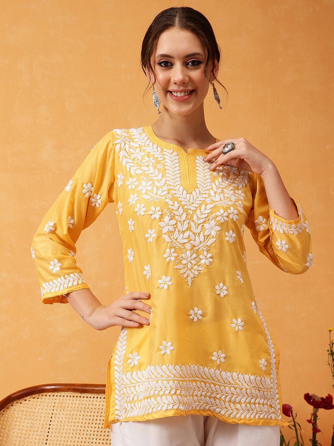 

ADA Ethnic Motifs Embroidered Chikankari Kurti, Yellow