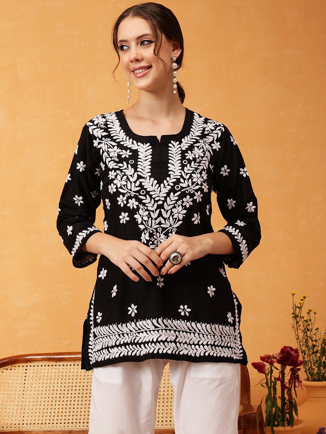 

ADA Women Ethnic Motifs Embroidered Chikankari Kurti, Black