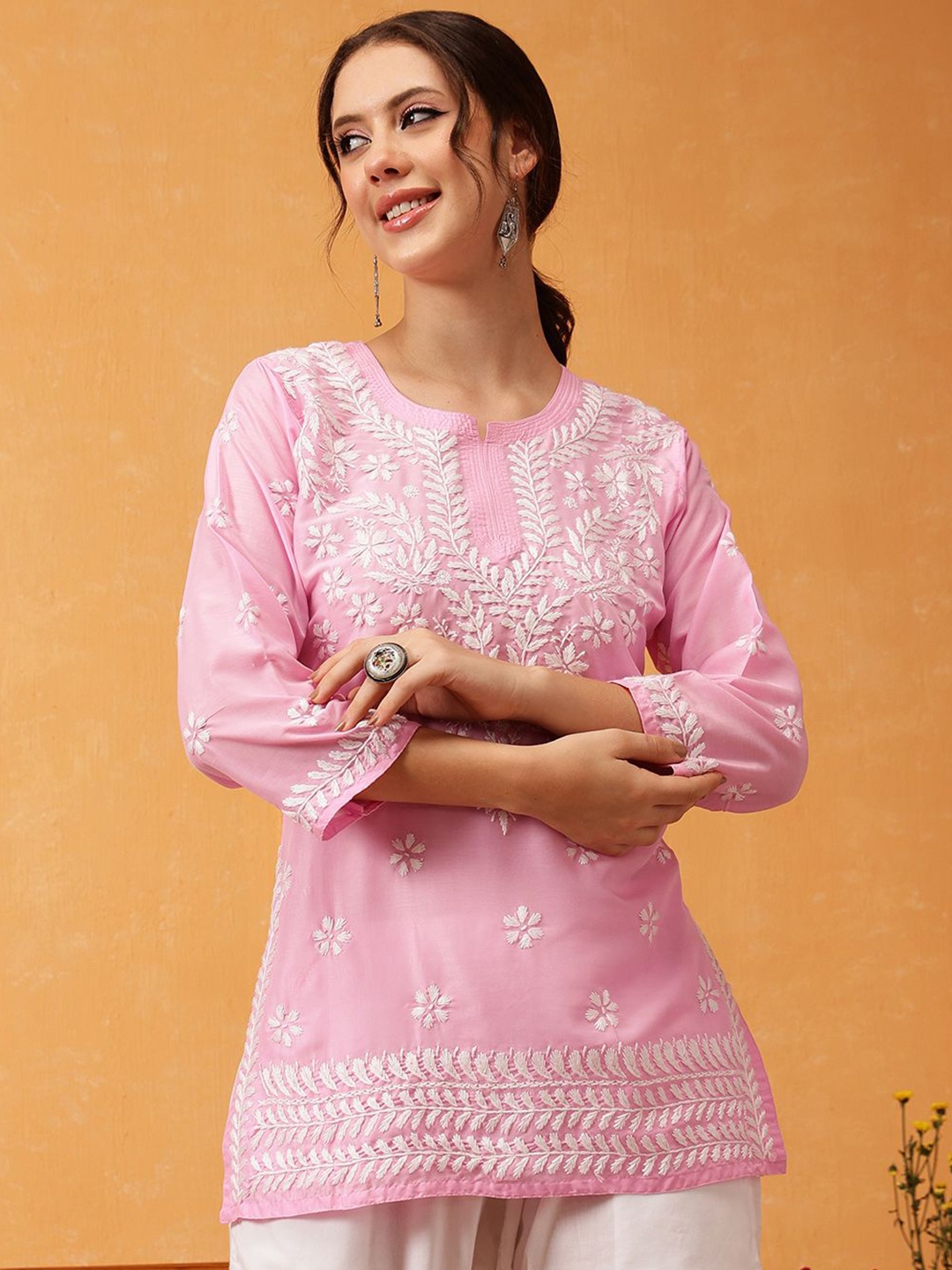 

ADA Ethnic Motifs Embroidered Chikankari Kurti, Pink