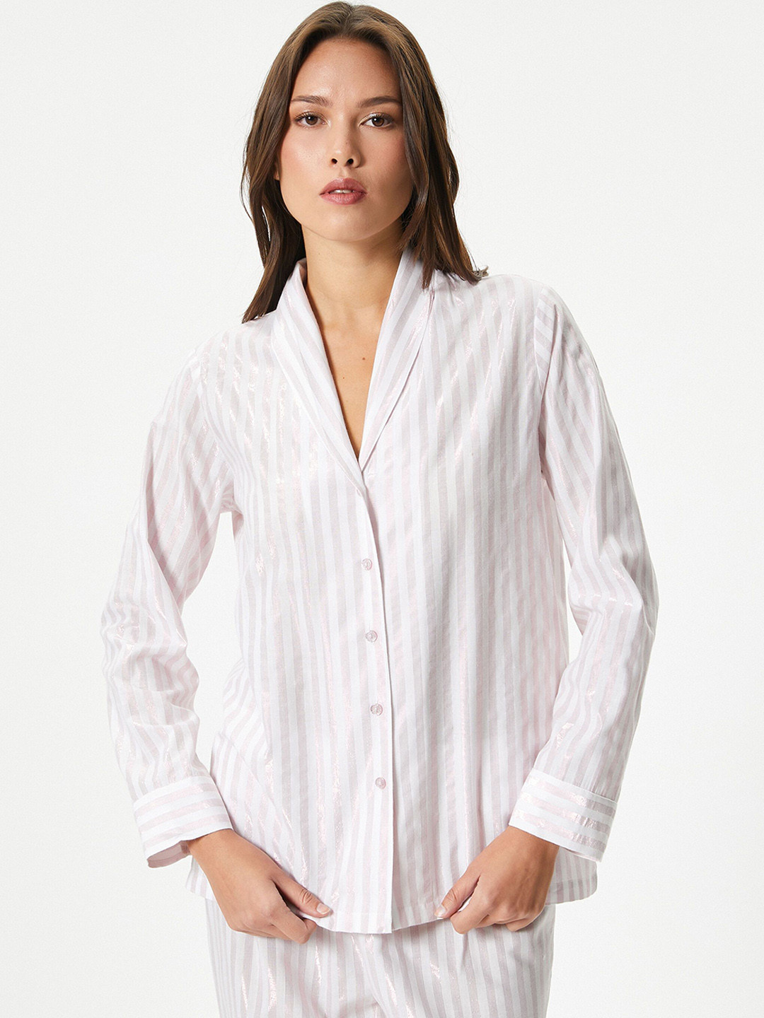 

Koton Women Striped V-Neck Nightsuit, Pink