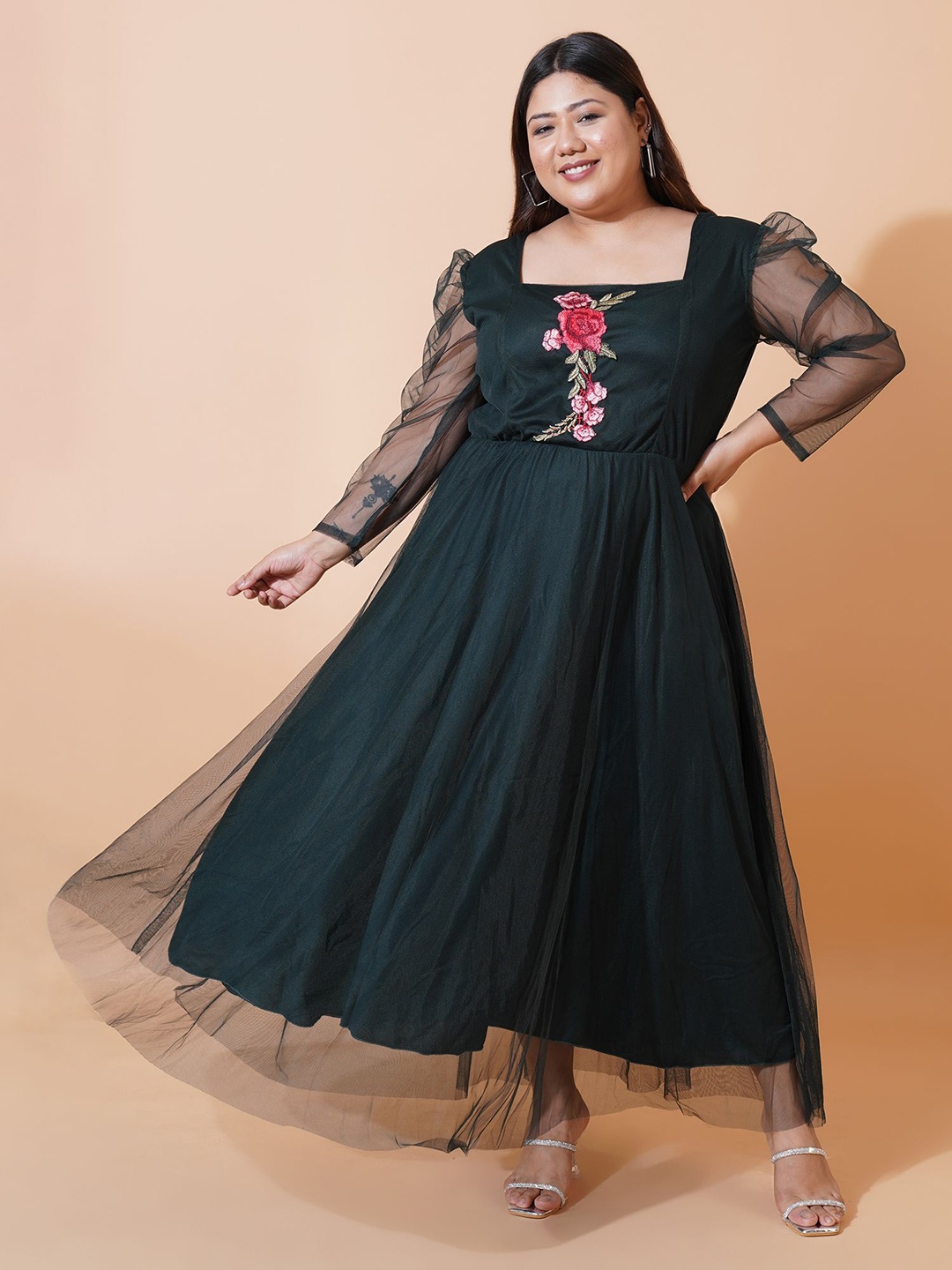 

U&F Beyond Plus Size Embroidered Net Maxi Dress, Black