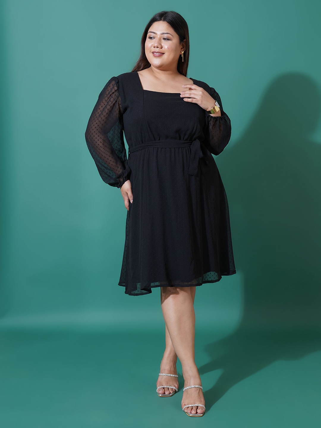 

U&F Beyond Women Puff Sleeve Square Self Design Neck Fit & Flare Dress, Black