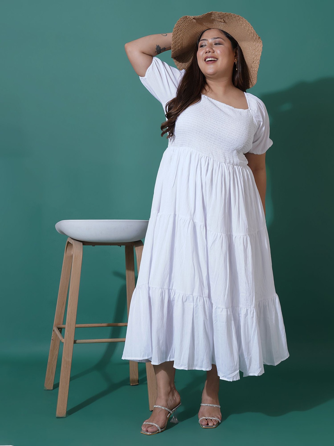 

U&F Beyond Women Plus Size Tiered Puff Sleeve Fit and Flare Midi Dress, White