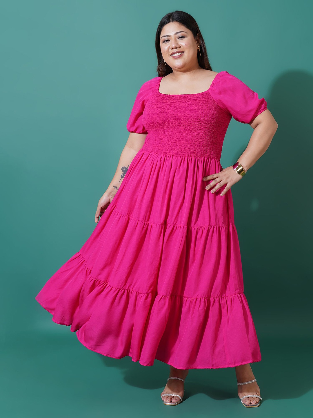 

U&F Beyond Women Plus Size Puff Sleeves Layered Maxi Dress, Magenta