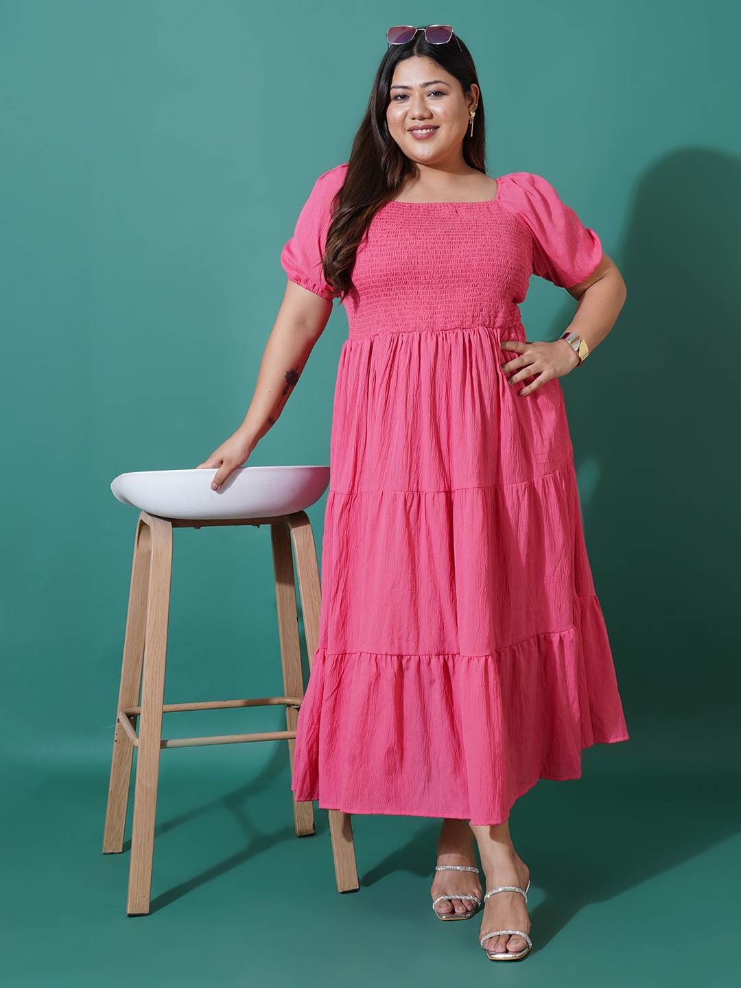 

U&F Beyond Women Plus Size Square Neck Puff Sleeve Fit and Flare Midi Dress, Pink