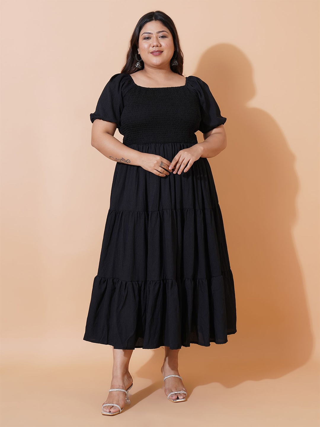 

U&F Beyond Women Plus Size Puff Sleeve Tiered Maxi Dress, Black