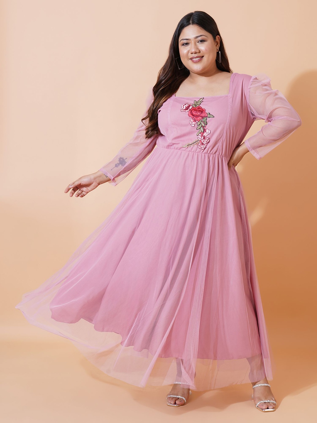 

U&F Beyond Women Plus Size Floral Embroidered Puff Sleeve Net Fit & Flare Maxi Dress, Pink
