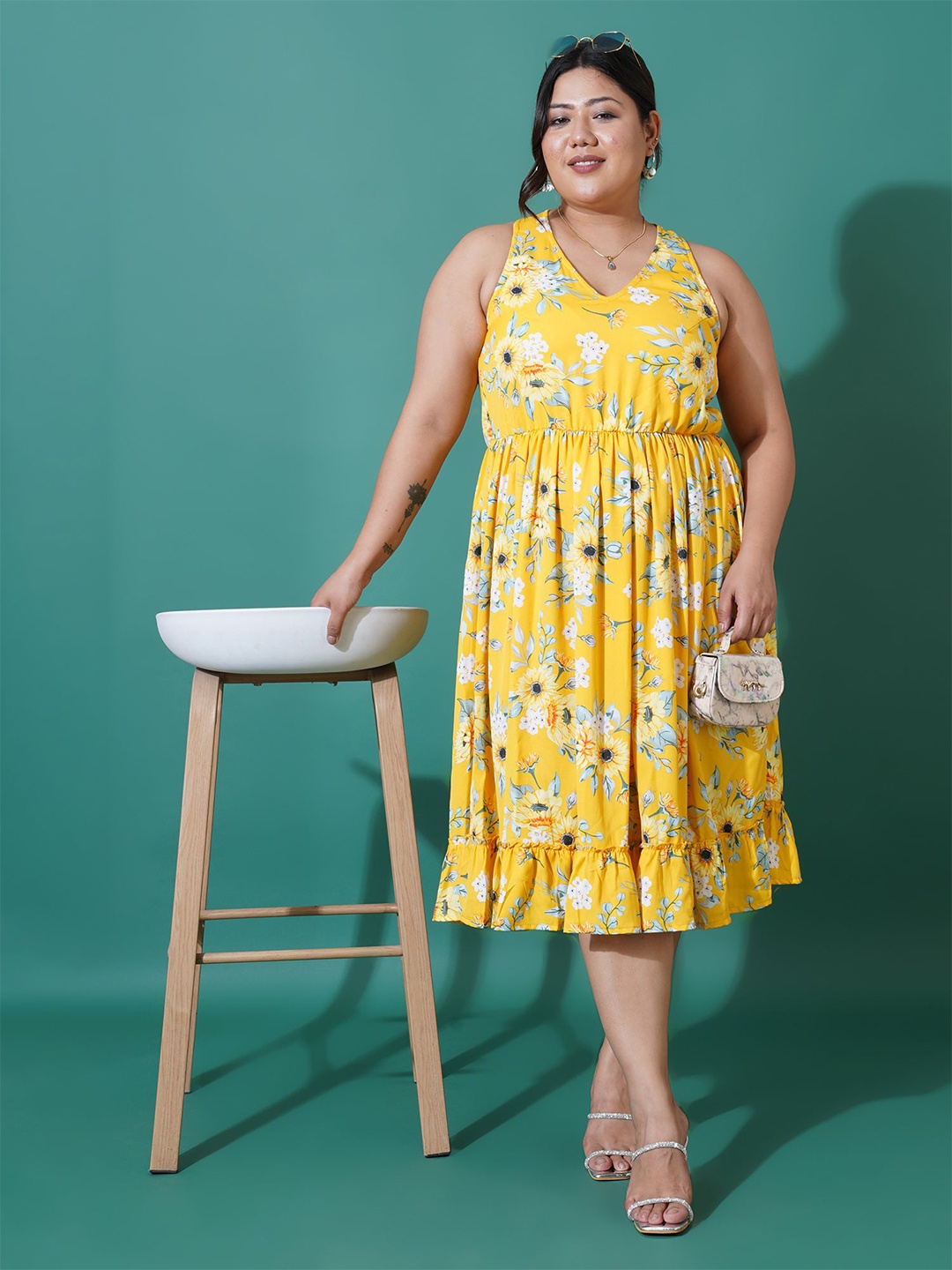 

U&F Beyond Women Plus Size Floral Printed A-Line Midi Dress, Yellow