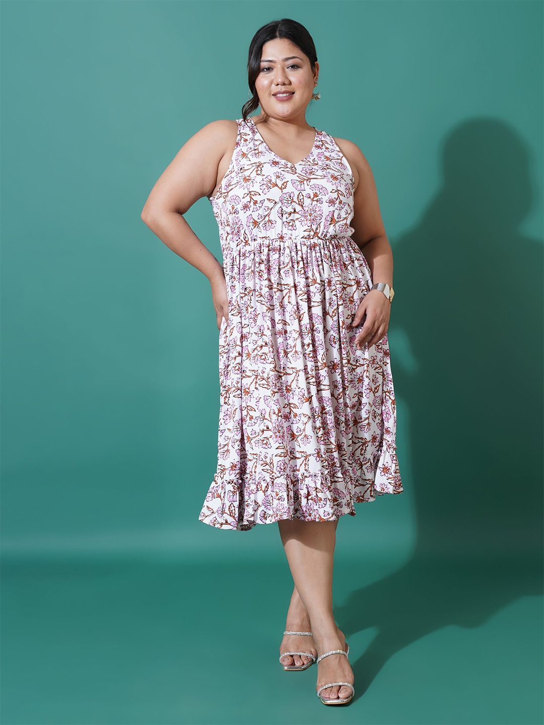 

U&F Beyond Women Plus Size Floral Printed Crepe Fit and Flare Midi Dress, White