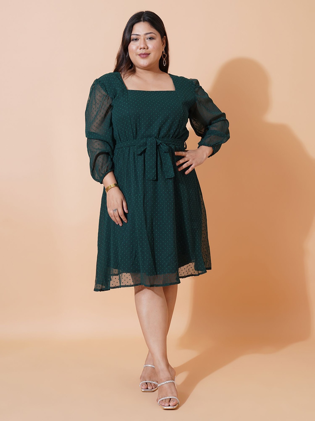 

U&F Beyond Women Plus Size Puff Sleeves Fit & Flare Dress, Green