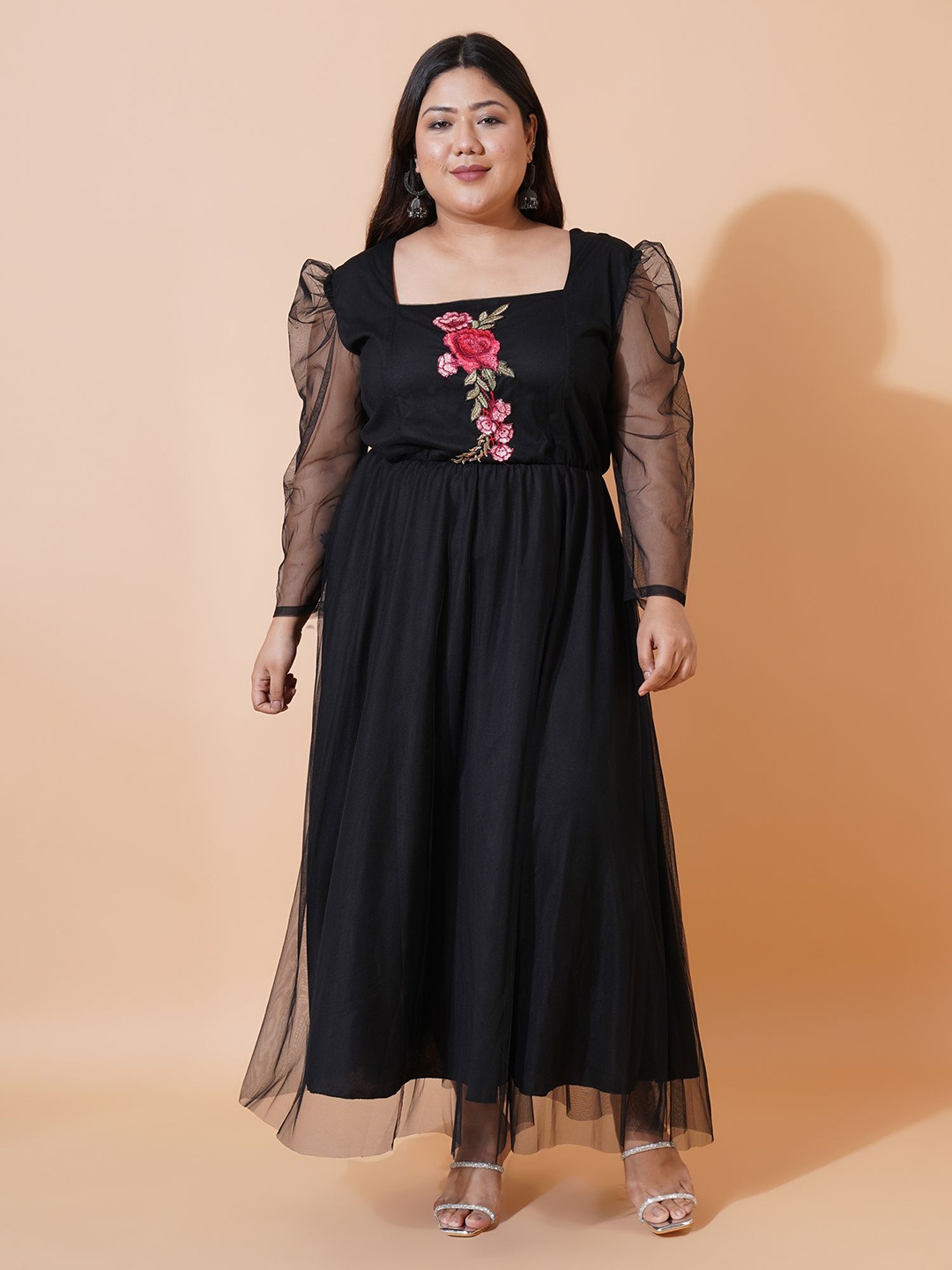 

U&F Beyond Women Plus Size Floral Embroidered Puff Sleeve Maxi Dress, Black