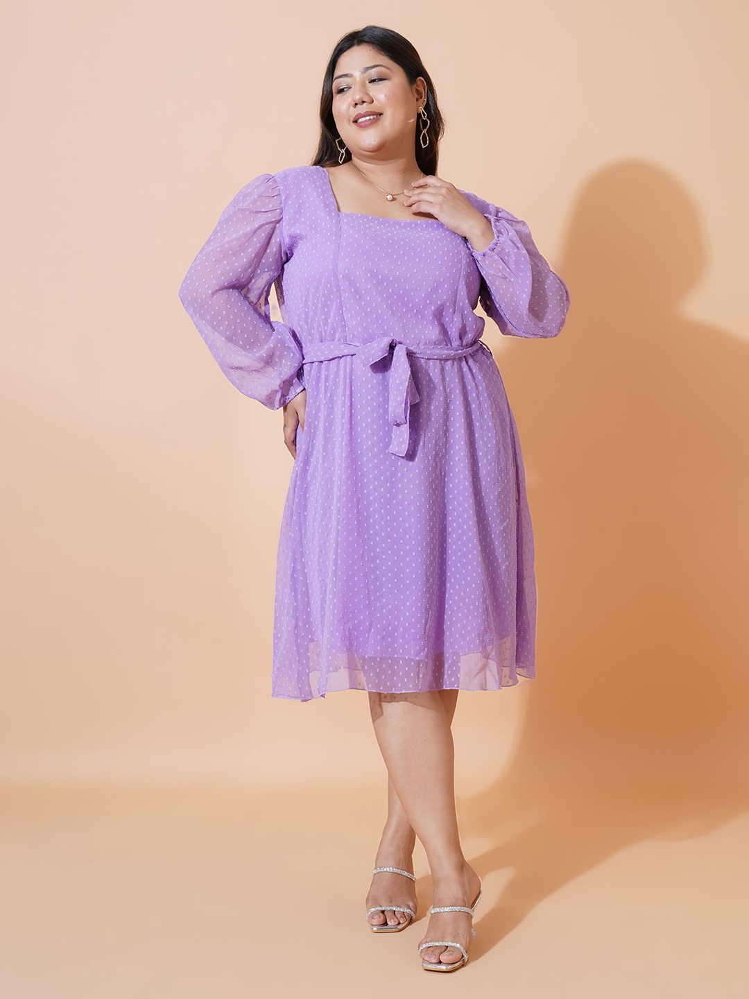 

U&F Beyond Women Self Design Puff Sleeve Fit & Flare Dress, Lavender